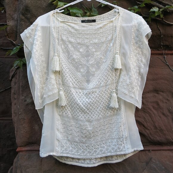 Isabel Marant Off White Silk Embroidery Tassel Short Sleeve Bohemian Top Size 38 - Picture 1 of 12